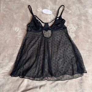RSLOVE Black Sheer Lace Babydoll Slip Camisole w Polka Dot Detailing - Size S